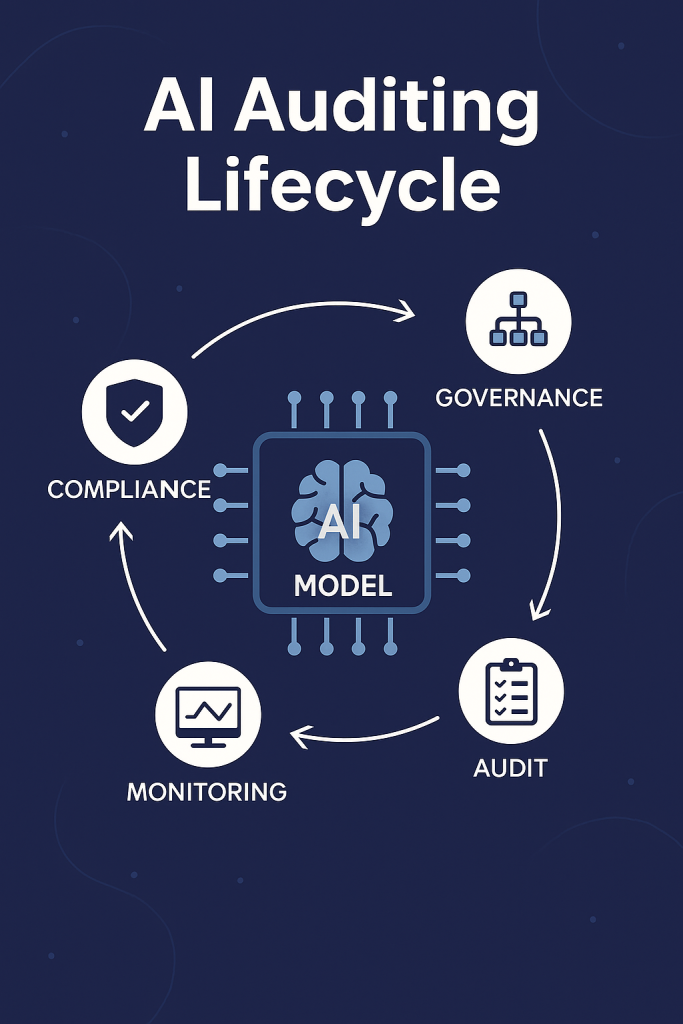 AI Auditing Lifecycle infographic showing five stages in a flow: AI model represented by a brain, governance by a gavel, audit by a checklist, monitoring by a magnifying glass, and compliance by a shield.