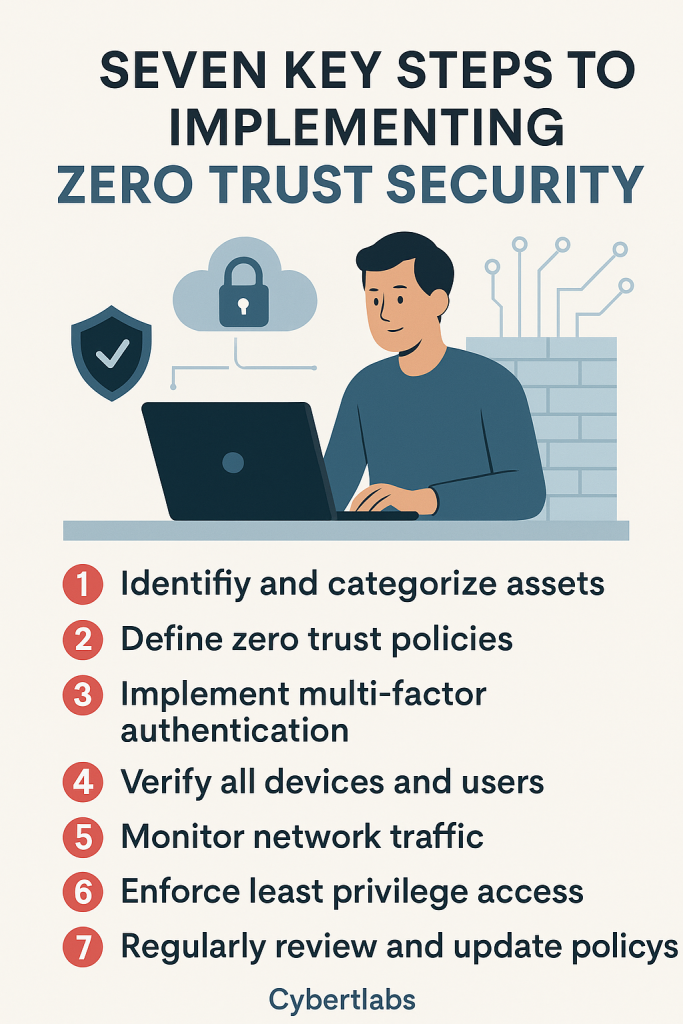 Zero Trust SMB implementation infographic illustrating user verification, device compliance, secure access, and least privilege principles.